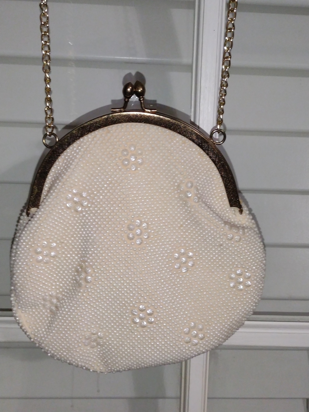Beaded Cream Evening Crossbody Bag with Gold Frame
